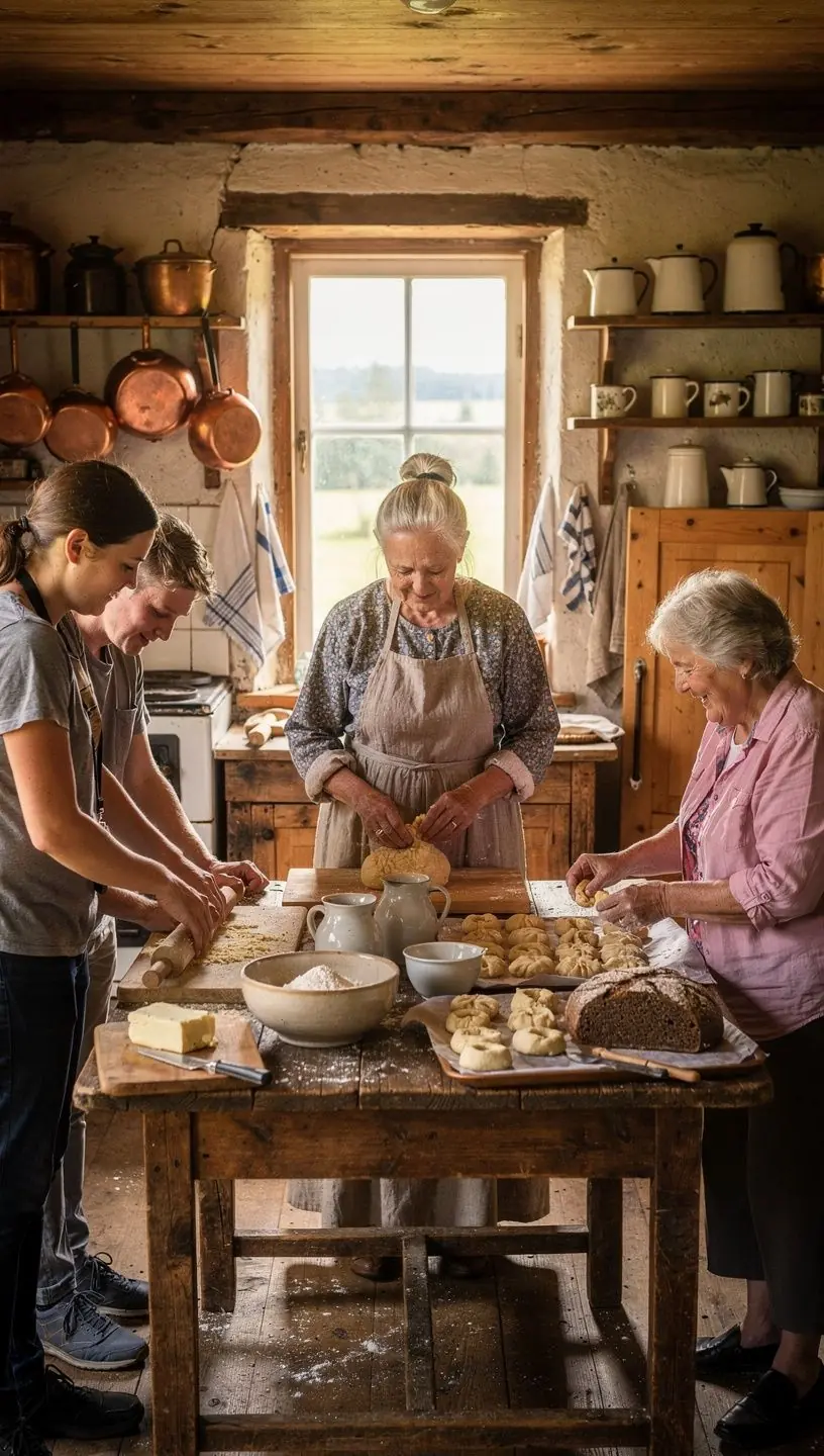 Pere, kes osaleb farmielu tegevustes nagu loomade toitmine ja aiandus